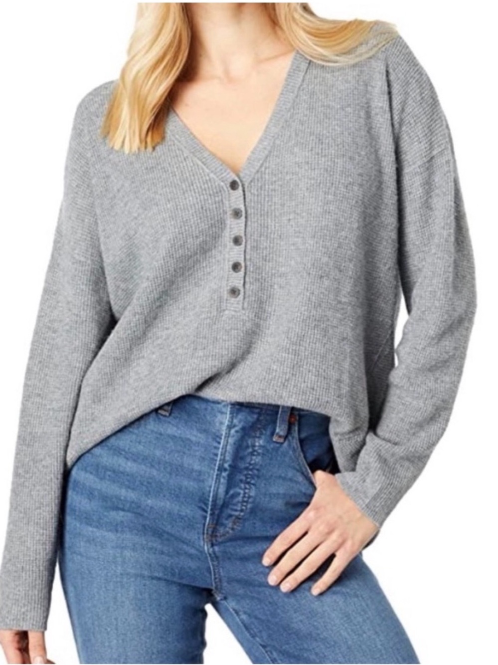 Madewell Gray Waffle Knit Wool Alpaca Blend Henley Sweater Minimalist XL